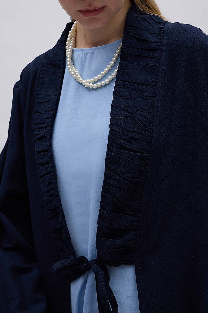 Büzgülü Bant Detaylı Keten Abaya Lacivert - 3