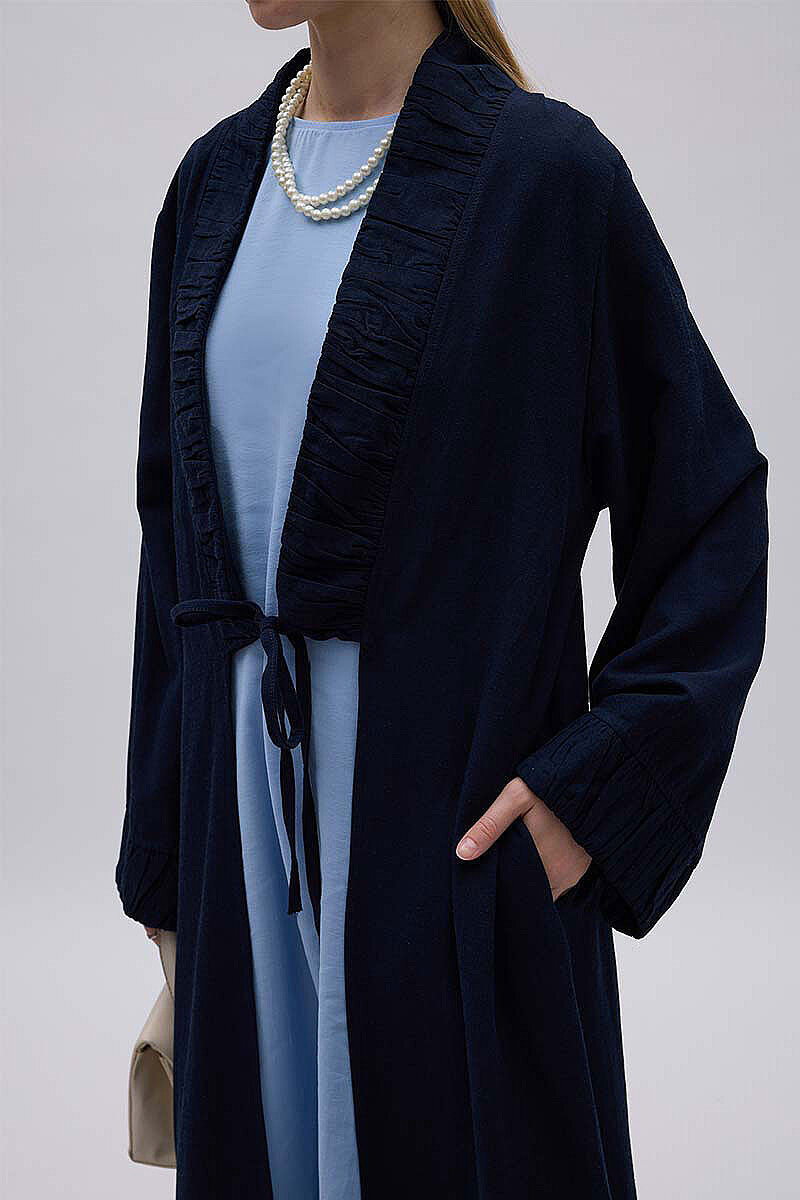 Büzgülü Bant Detaylı Keten Abaya Lacivert - 4