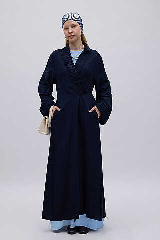 Büzgülü Bant Detaylı Keten Abaya Lacivert - 2