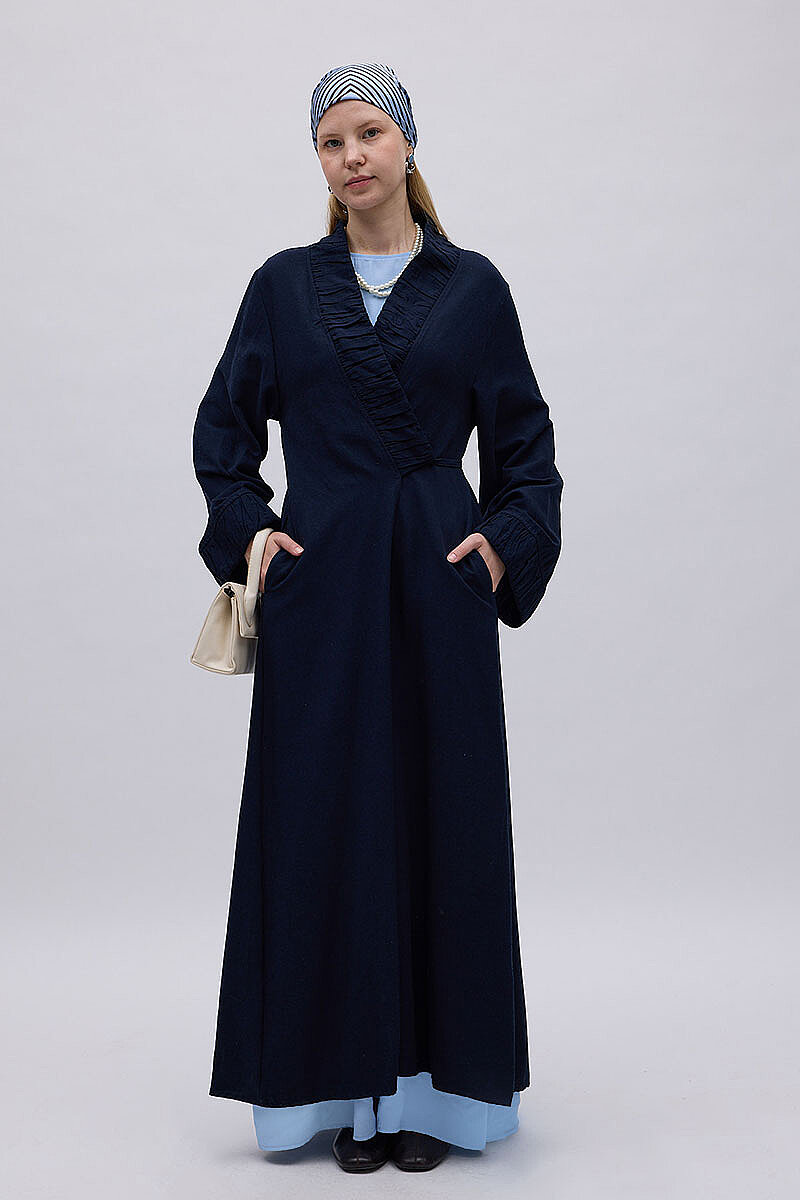 Büzgülü Bant Detaylı Keten Abaya Lacivert - 2