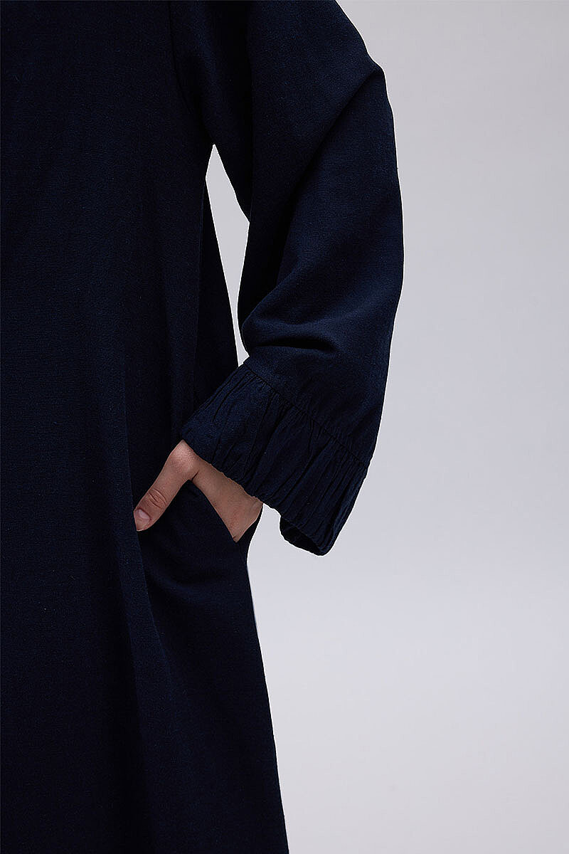 Büzgülü Bant Detaylı Keten Abaya Lacivert - 5