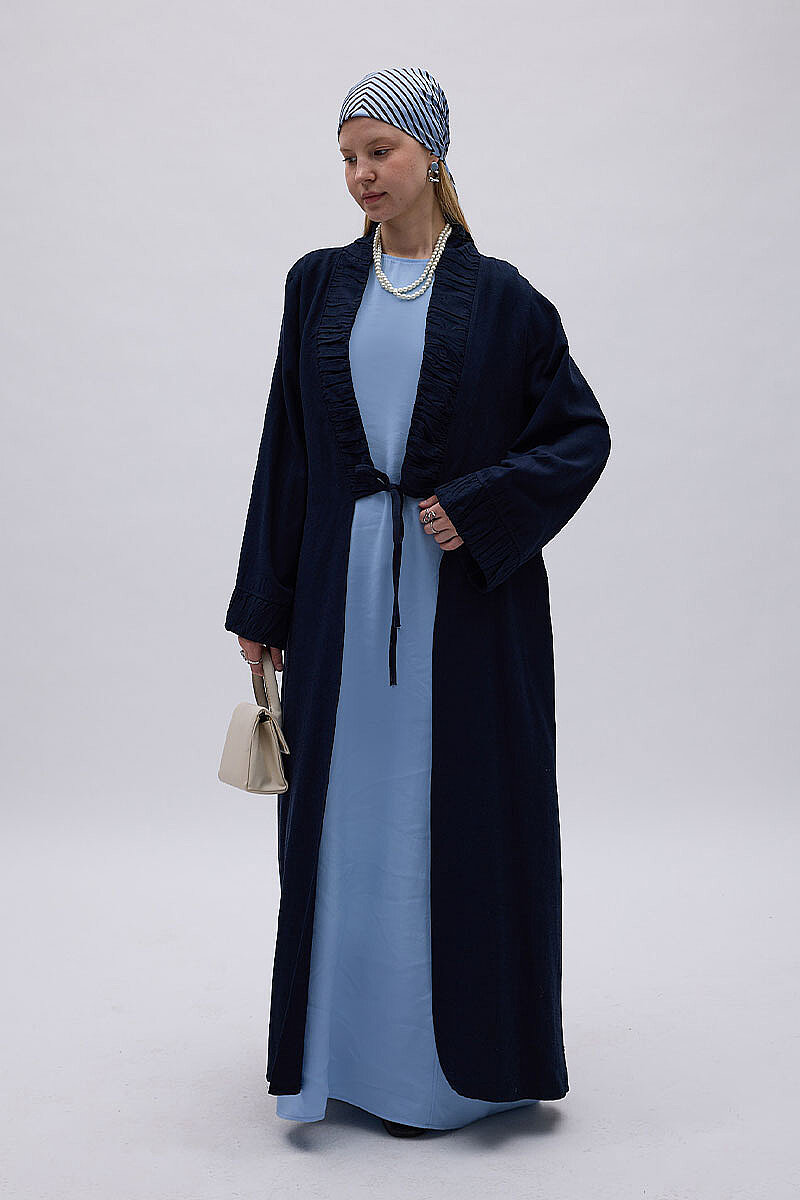 Büzgülü Bant Detaylı Keten Abaya Lacivert - 6