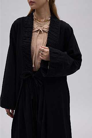 Büzgülü Bant Detaylı Keten Abaya Siyah - 3