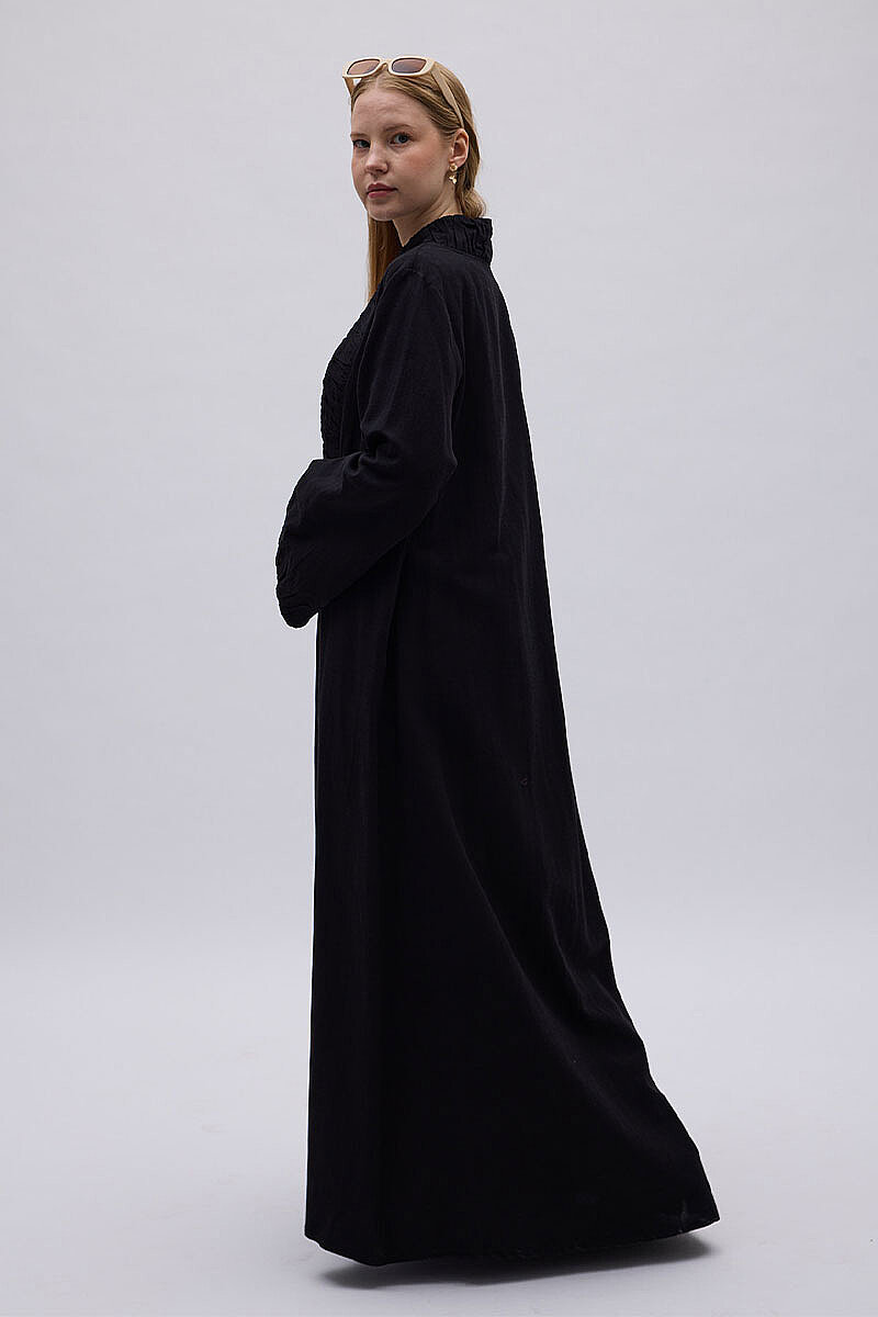 Büzgülü Bant Detaylı Keten Abaya Siyah - 5