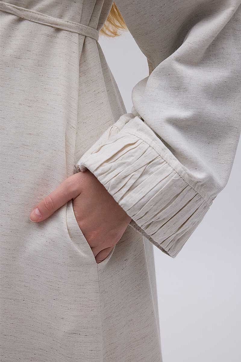 Büzgülü Bant Detaylı Keten Abaya Taş - 4