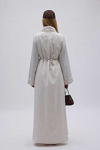 Büzgülü Bant Detaylı Keten Abaya Taş - 5