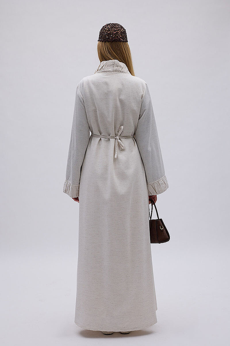 Büzgülü Bant Detaylı Keten Abaya Taş - 5