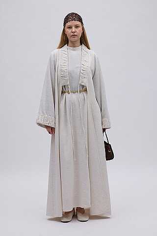 Büzgülü Bant Detaylı Keten Abaya Taş - 6