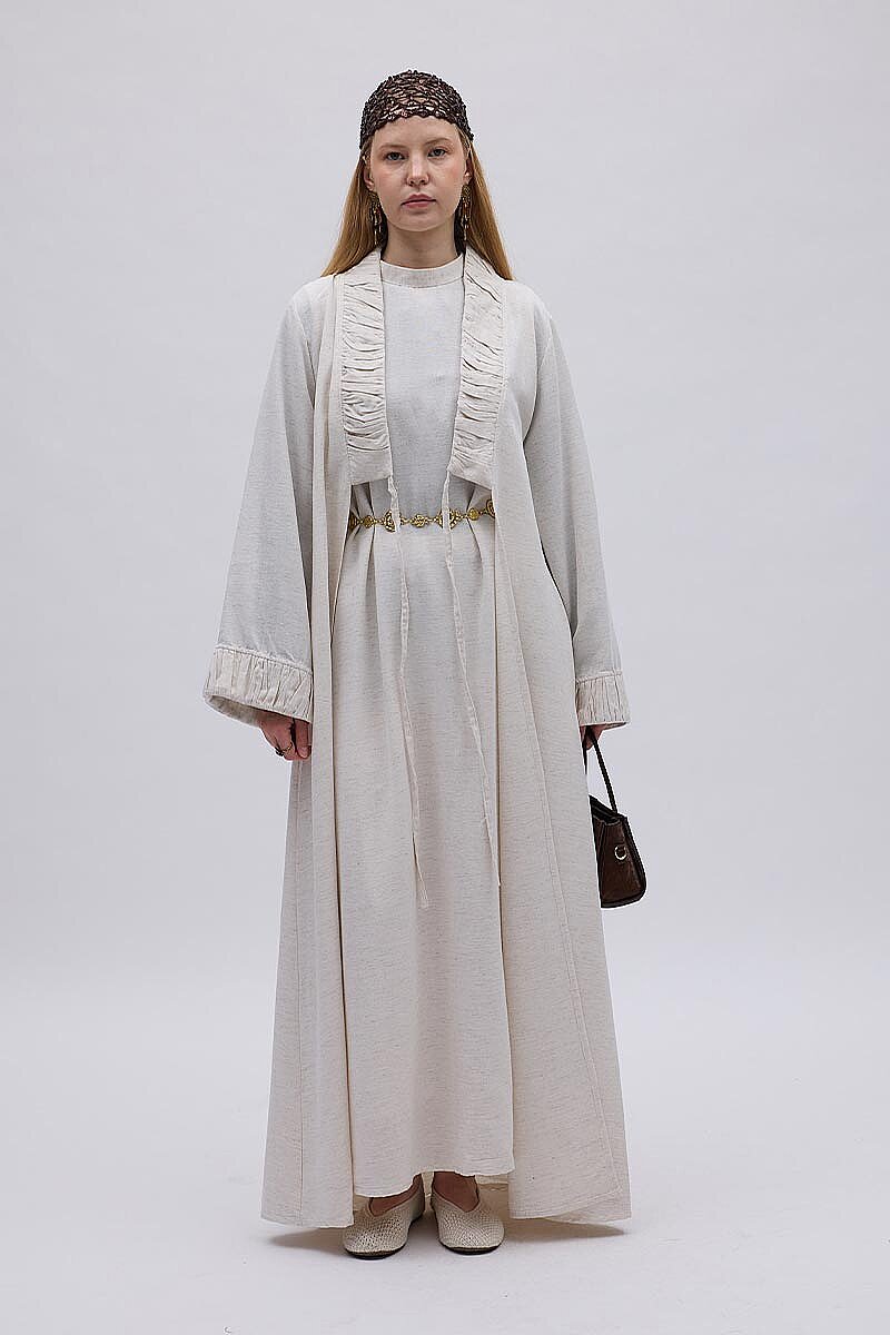Büzgülü Bant Detaylı Keten Abaya Taş - 6