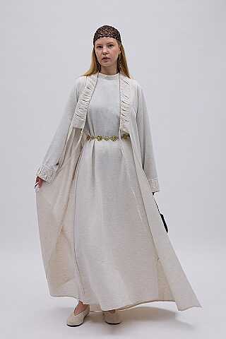 Büzgülü Bant Detaylı Keten Abaya Taş - 2