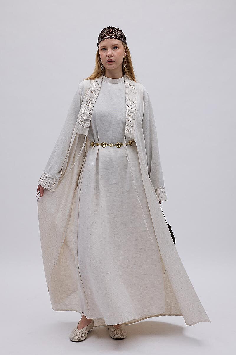 Büzgülü Bant Detaylı Keten Abaya Taş - 2