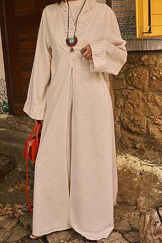 Büzgülü Bant Detaylı Keten Abaya Taş - 2