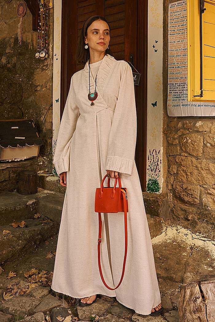 Büzgülü Bant Detaylı Keten Abaya Taş