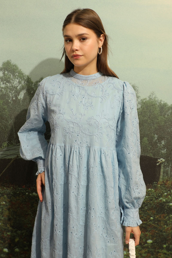 Büzgülü Brode Elbise Bebe Mavisi - 5