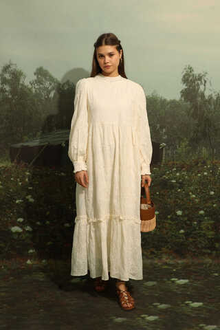 Büzgülü Brode Elbise Krem - 4