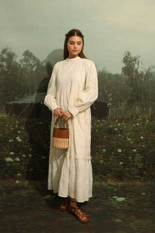 Büzgülü Brode Elbise Krem - 6