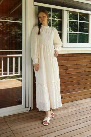 Büzgülü Brode Elbise Krem - 1