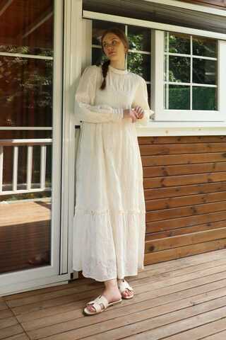 Büzgülü Brode Elbise Krem - 2