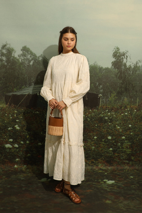 Büzgülü Brode Elbise Krem - 6