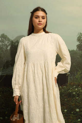 Büzgülü Brode Elbise Krem - 8