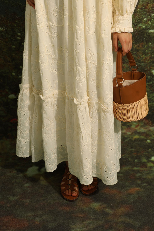 Büzgülü Brode Elbise Krem - 5