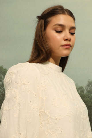 Büzgülü Brode Elbise Krem - 7