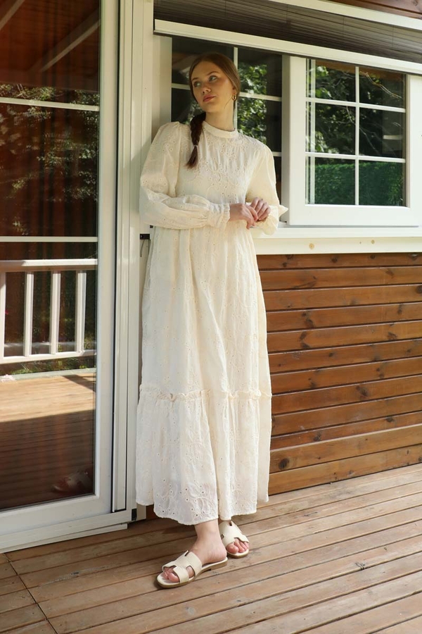 Büzgülü Brode Elbise Krem - 2