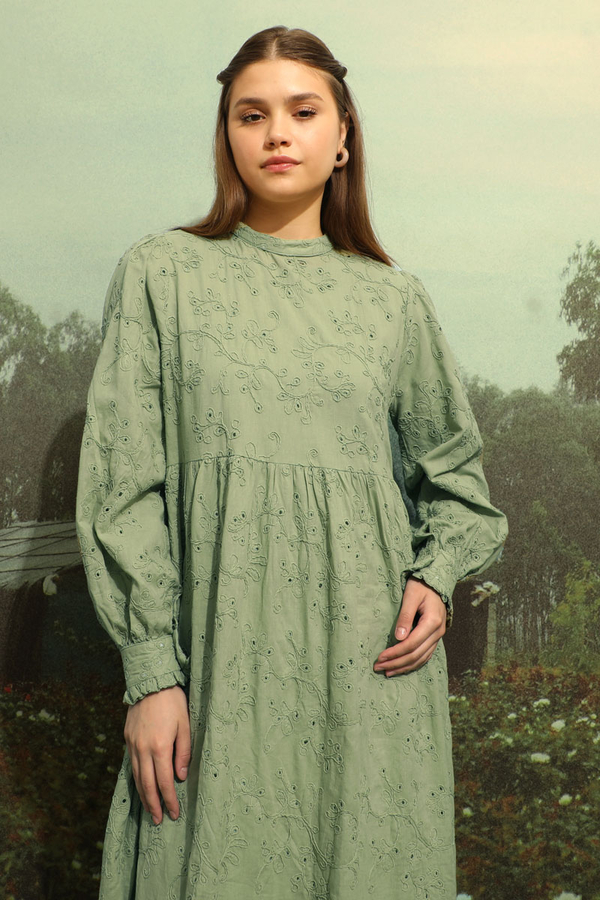 Büzgülü Brode Elbise Mint - 7