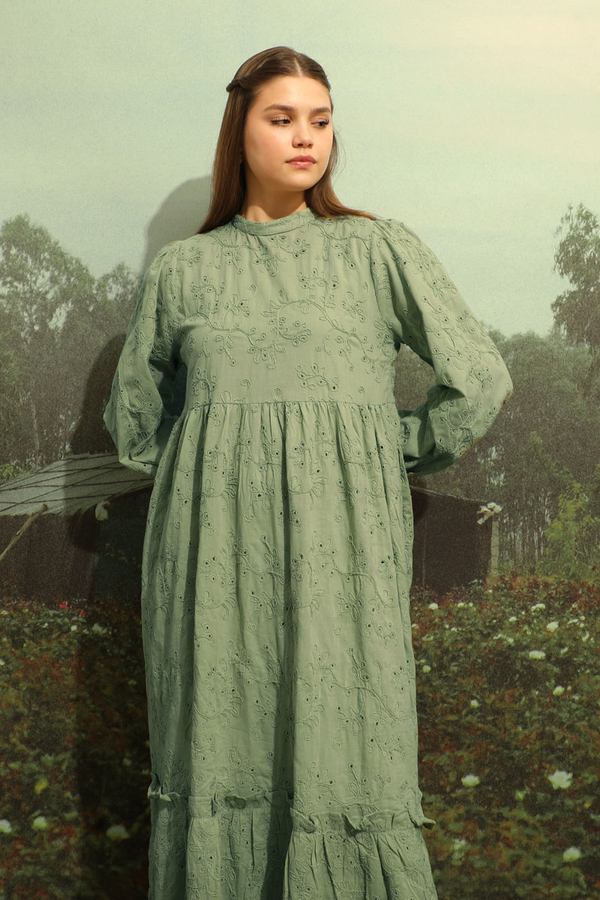 Büzgülü Brode Elbise Mint - 5