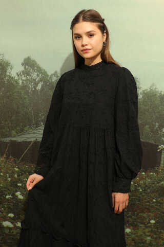 Büzgülü Brode Elbise Siyah - 6