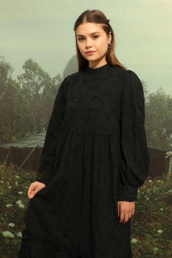 Büzgülü Brode Elbise Siyah - 6