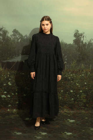 Büzgülü Brode Elbise Siyah - 5