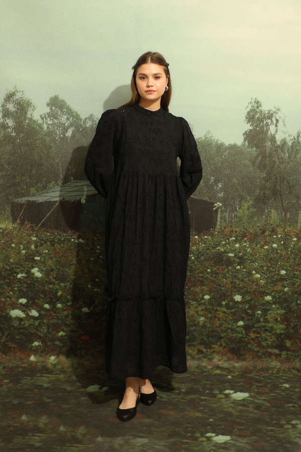 Büzgülü Brode Elbise Siyah - 4