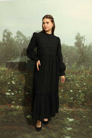 Büzgülü Brode Elbise Siyah - 8