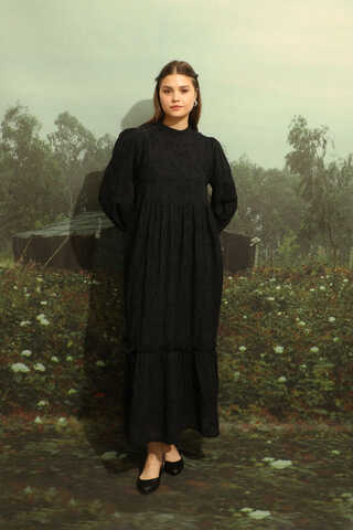 Büzgülü Brode Elbise Siyah - 4