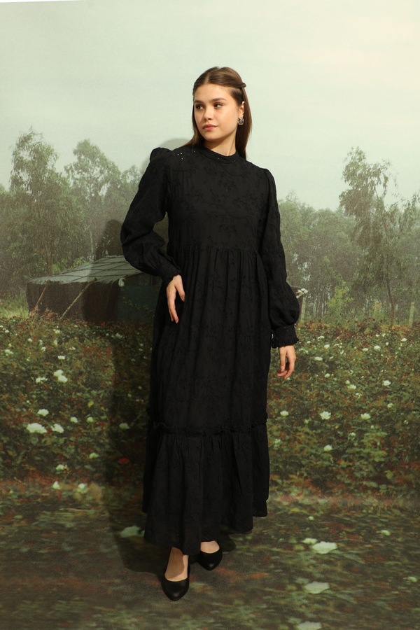 Büzgülü Brode Elbise Siyah - 8