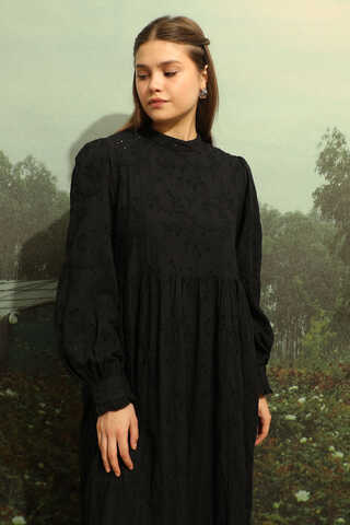 Büzgülü Brode Elbise Siyah - 7