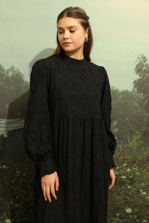 Büzgülü Brode Elbise Siyah - 7