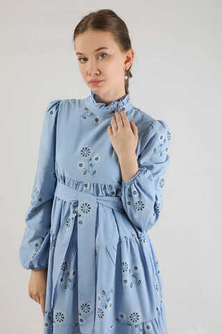 Büzgülü Desenli Poplin Elbise Bebe Mavisi - 2