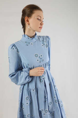 Büzgülü Desenli Poplin Elbise Bebe Mavisi - 4