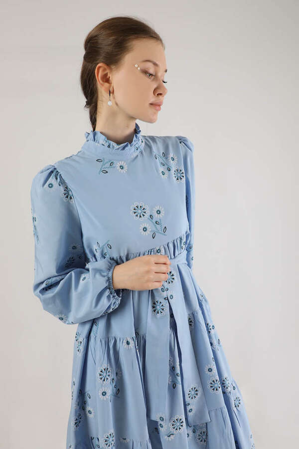 Büzgülü Desenli Poplin Elbise Bebe Mavisi - 4