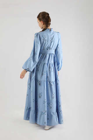 Büzgülü Desenli Poplin Elbise Bebe Mavisi - 6