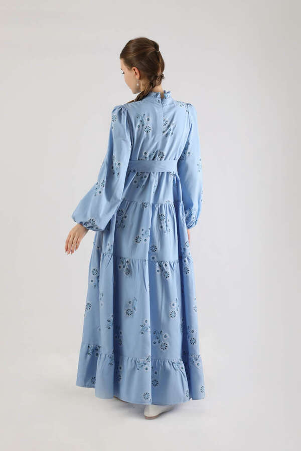 Büzgülü Desenli Poplin Elbise Bebe Mavisi - 6