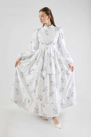 Büzgülü Desenli Poplin Elbise Beyaz - 3