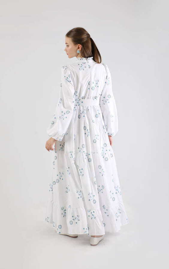 Büzgülü Desenli Poplin Elbise Beyaz - 5