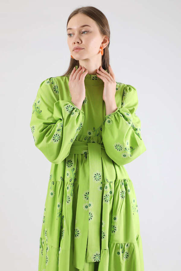 Büzgülü Desenli Poplin Elbise Fıstık Yeşili - 2