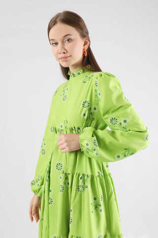 Büzgülü Desenli Poplin Elbise Fıstık Yeşili - 4