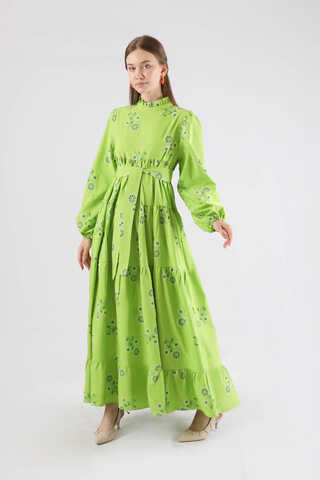 Büzgülü Desenli Poplin Elbise Fıstık Yeşili - 5