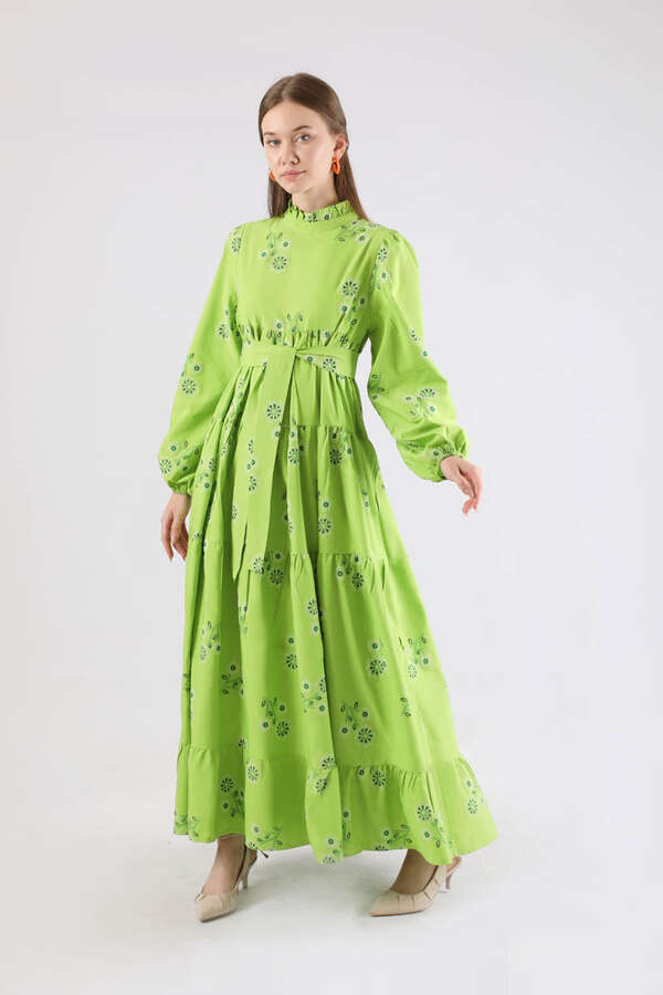 Büzgülü Desenli Poplin Elbise Fıstık Yeşili - 5