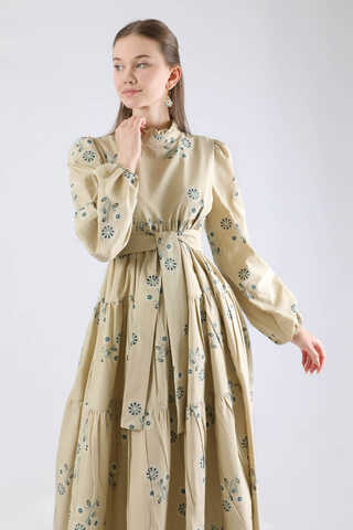 Büzgülü Desenli Poplin Elbise Taş - 2